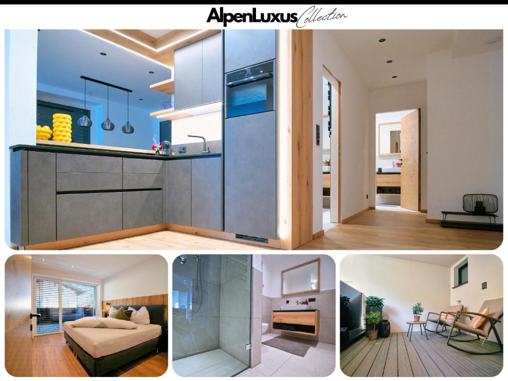 a collage of pictures of a kitchen and a living room at BLACKSTYLE - AlpenLuxus Collection in Brixlegg