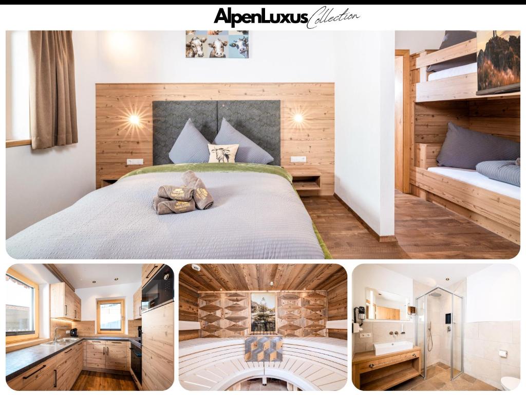 een collage van vier foto's van een slaapkamer bij BEIM LOIS Isskogelblick - AlpenLuxus Collection in Gerlos