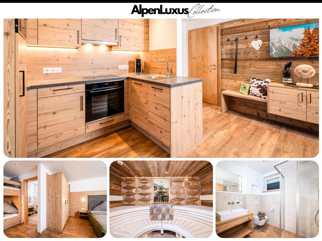 een collage van foto's van een keuken met hout bij BEIM LOIS Edelweiss - AlpenLuxus Collection in Gerlos