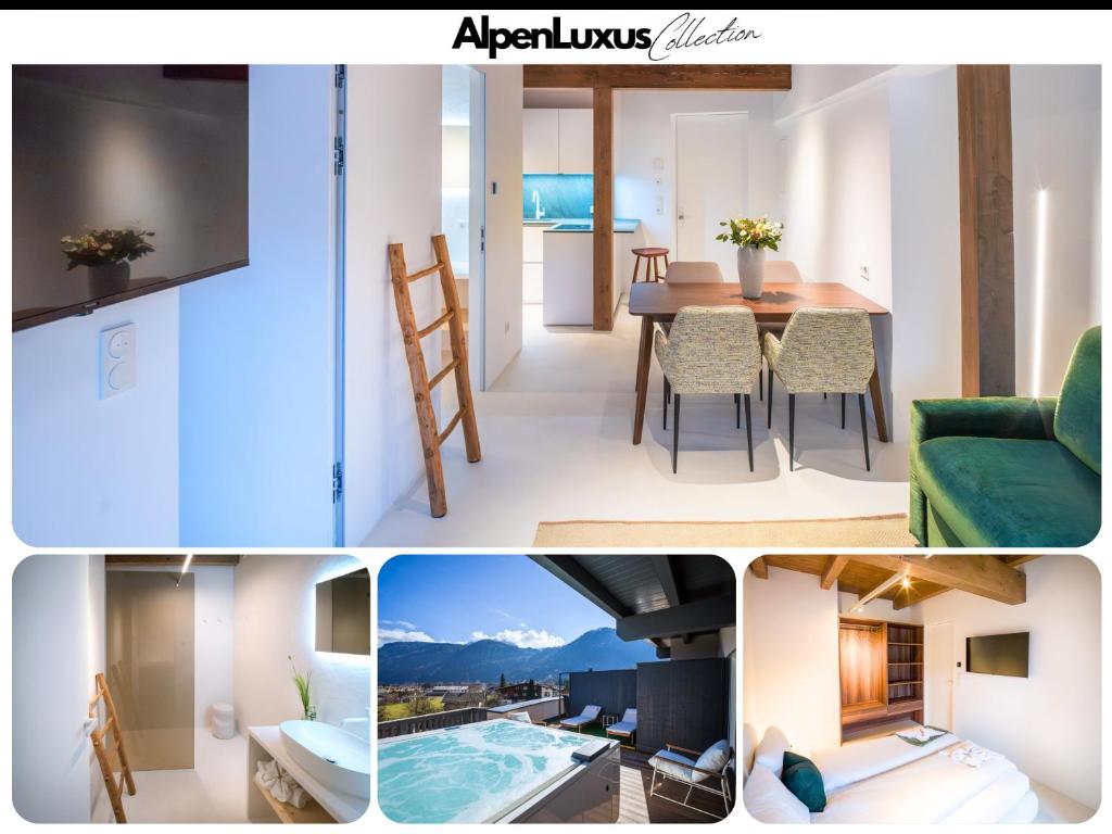 een collage van foto's van een keuken en een woonkamer bij PENTHOUSE N`3 - AlpenLuxus Collection in Kramsach