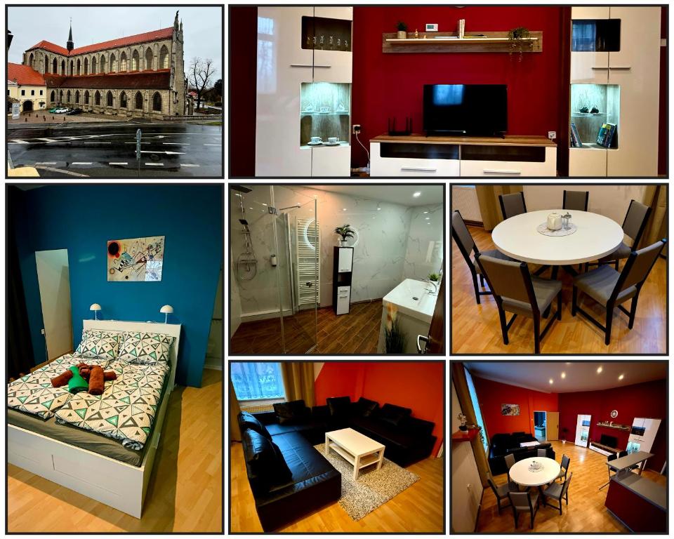 Un collage de diferentes imágenes de una habitación. en Apartmán u Kostnice, en Kutná Hora