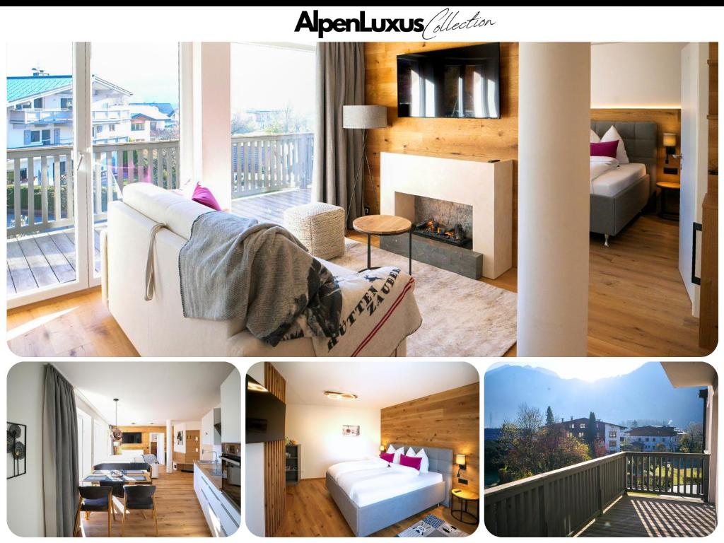 un collage de cuatro fotos de una sala de estar en ALPENGONDEL Suite - AlpenLuxus Collection, en Kramsach