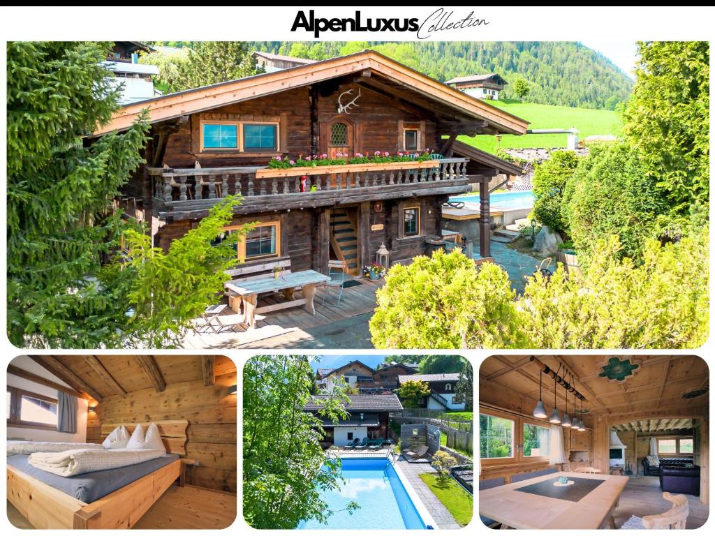 a collage of pictures of a log house at Haus ANTONIUS - AlpenLuxus Collection in Reith im Alpbachtal