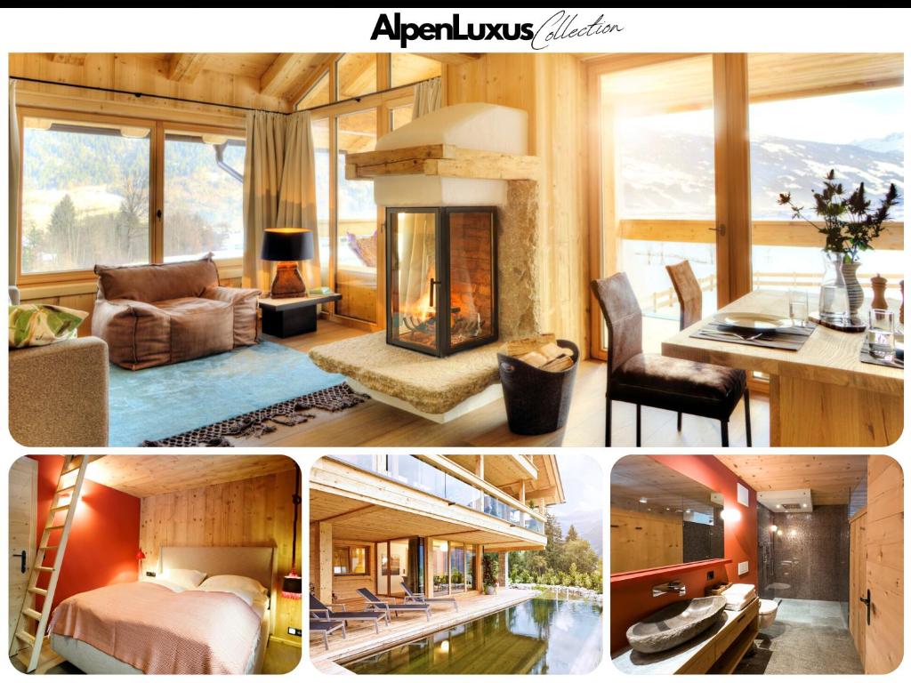 a collage of pictures of a room with a fireplace at SportLodge BIKE SUITE - AlpenLuxus Collection in Kleinboden