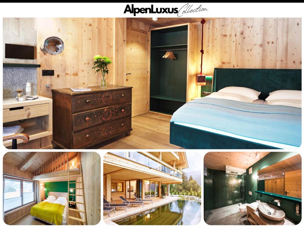 a collage of pictures of a bedroom with a bed at SportLodge MOUNTAIN SUITE - AlpenLuxus Collection in Kleinboden