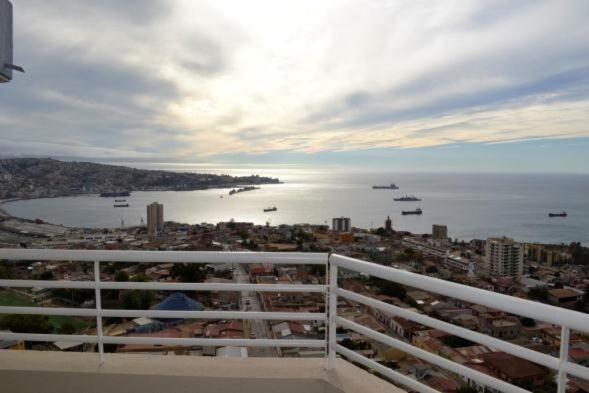 a view of the ocean from a balcony of a building at Valparaiso Preciosa Vista al Mar in Valparaíso