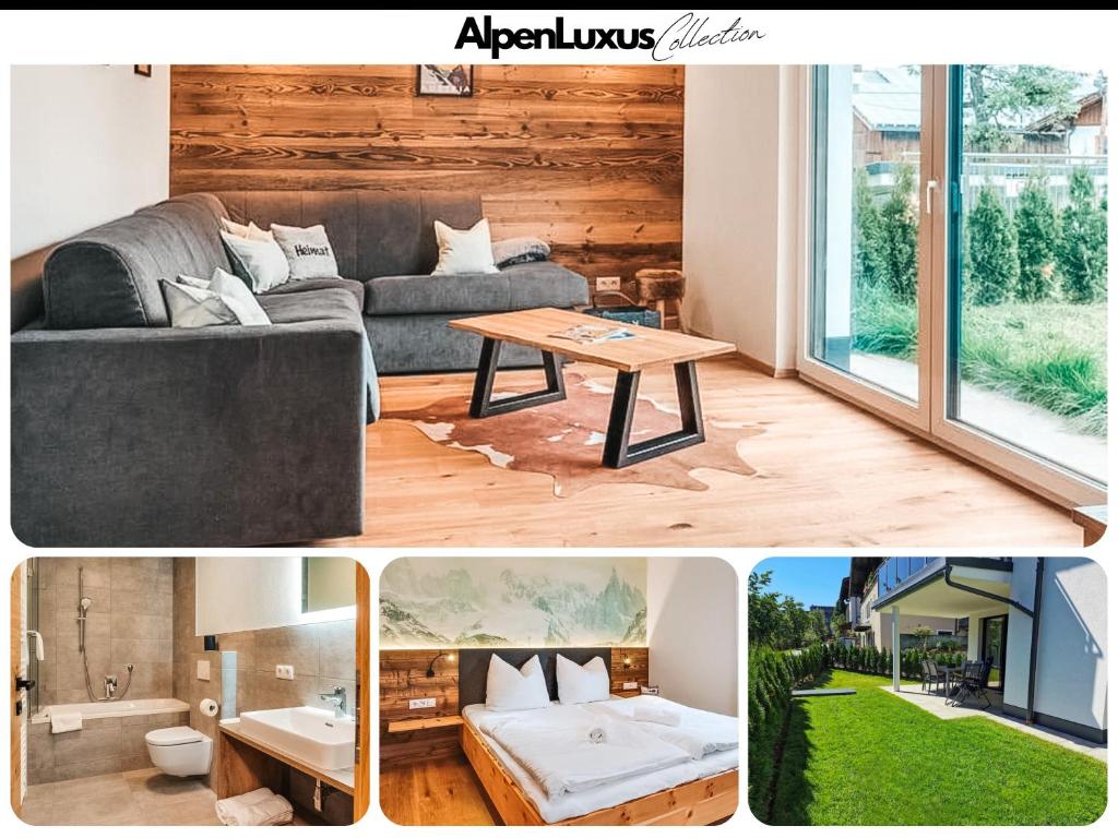 a collage of four pictures of a living room at ZWEITE HEIMAT - AlpenLuxus Collection in Fügen
