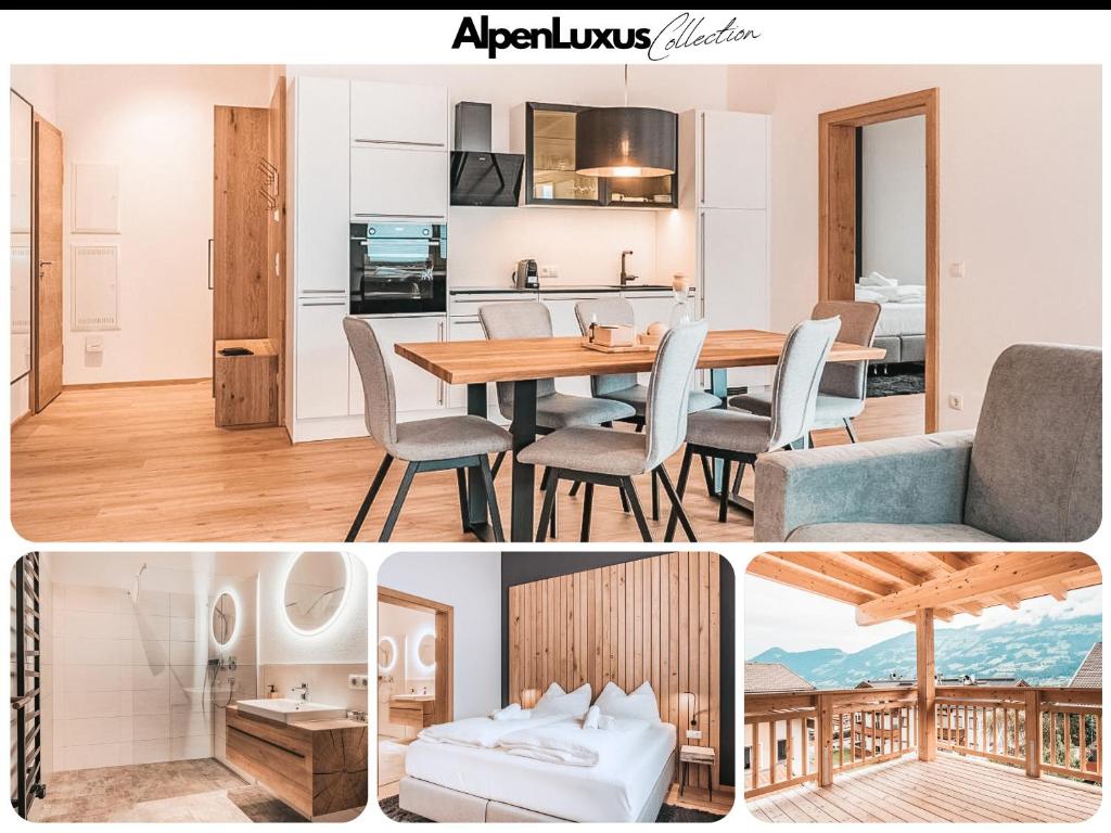 Un collage de fotos de una cocina y un comedor. en CHEZ NOUS - AlpenLuxus Collection, en Fügen