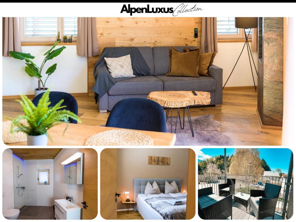 een collage van vier foto's van een woonkamer bij ALTE MÜHLE LOFT - AlpenLuxus Collection in Brixlegg