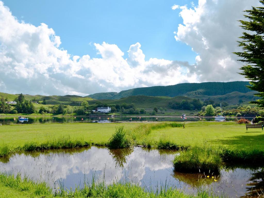 a pond in the middle of a grassy field at Lunga - 28791 in Clachan
