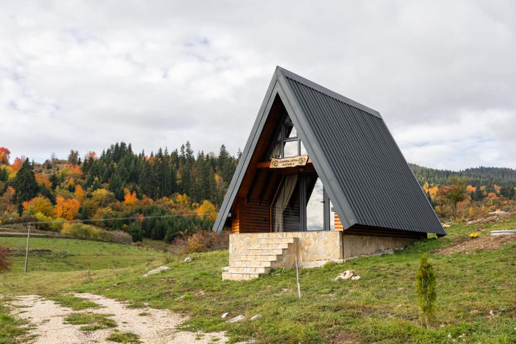 a house on a hill with a black roof at Čarobna jutra Zlatara 2 in Radijevići
