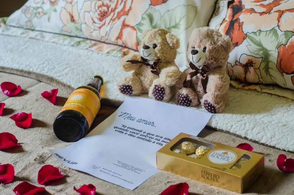 Zwei Teddybären sitzen mit einer Flasche Wein auf einem Bett. in der Unterkunft Chalé Quinta São Miguel 01 - Econômico in Santo Antônio do Pinhal