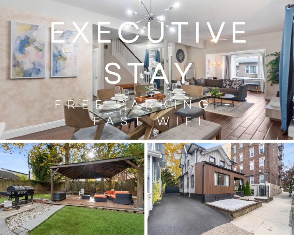 Eine Fotocollage eines Hauses mit dem Text „teurer Aufenthalt“ in der Unterkunft Modern 5BR Corporate Stay 10 Mins to NYC + Parking in Guttenberg