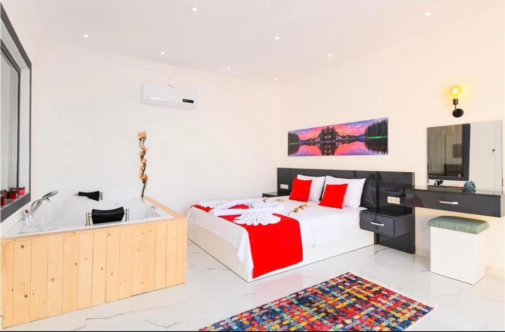 a bedroom with a bed and a bath tub at Villa karya in Kas