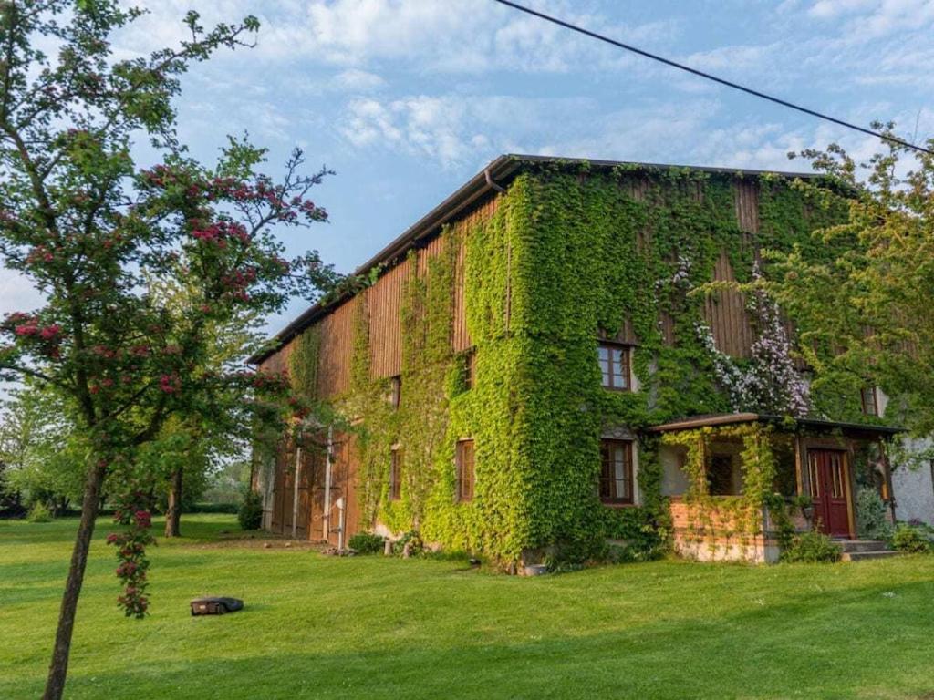 an old building covered in ivy on a yard at Steinbeck in the Thorstorf estate barn in Thorstorf