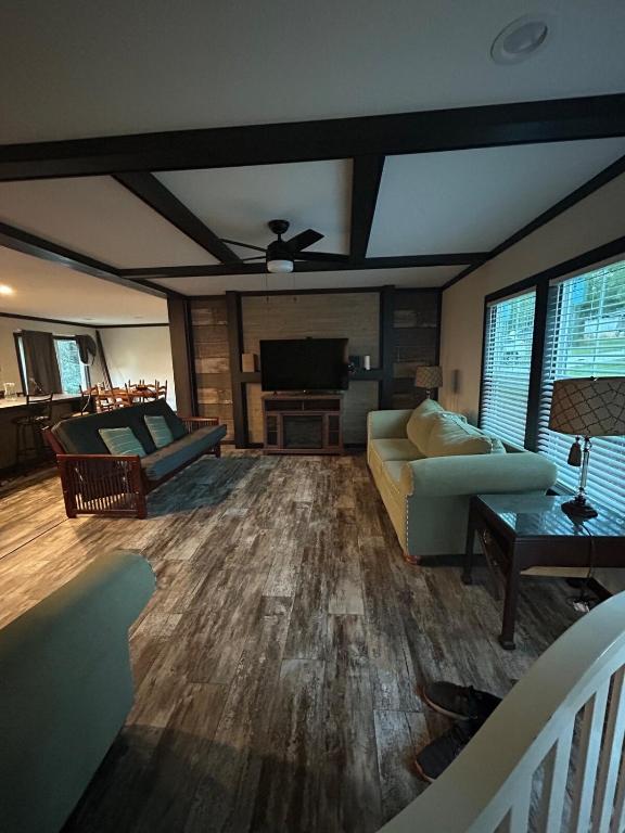 a living room with a couch and a tv at Panther Creek retreat in Clarkesville