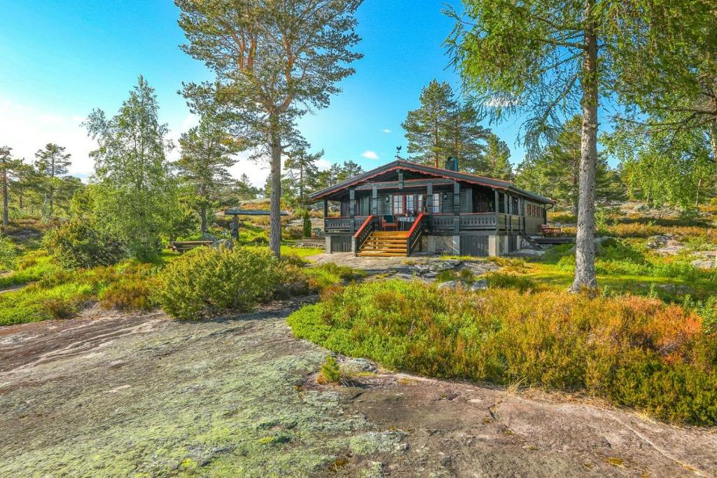 une cabane en rondins dans les bois avec un chemin de terre devant dans l'établissement Traditional Cabin By Reinsvatn In Treungen, à Treungen