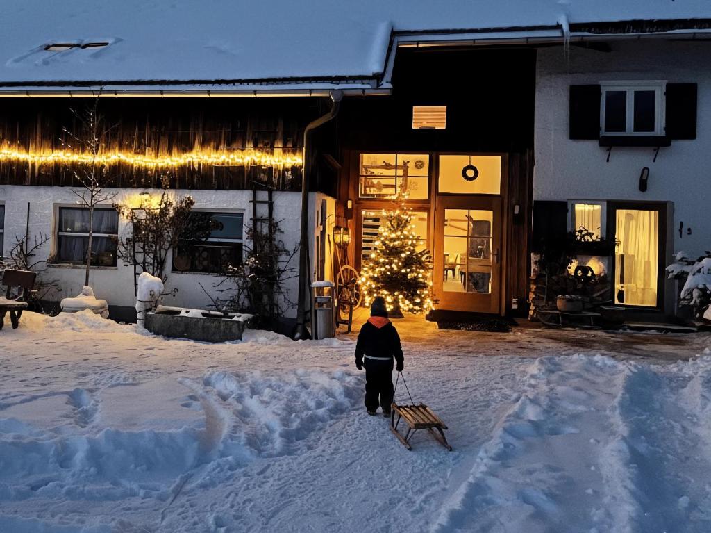 Un niño empujando un trineo en la nieve frente a una casa en Am Hof Jungholz, en Jungholz