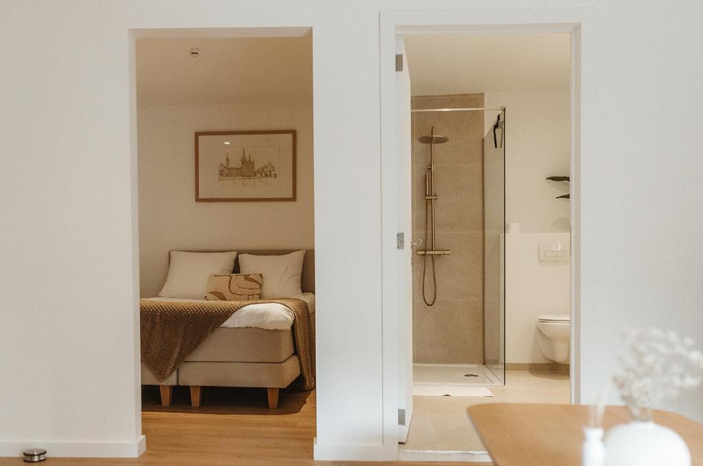 a bedroom with a bed and a walk in shower at Studio&Stay Room in Ghent