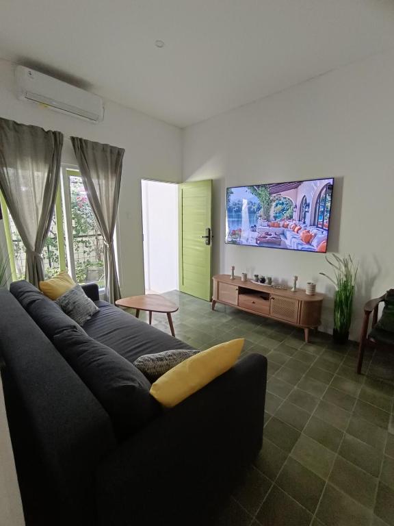 un salon avec un canapé et une télévision au mur dans l'établissement Villa Vigga Sanur, à anur