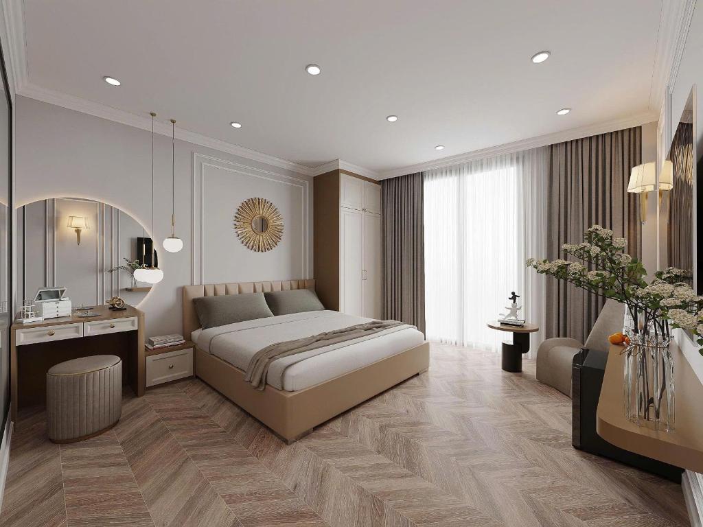 - une chambre avec un lit king-size et une salle de bains dans l'établissement Anna Noi Bai Airport Hotel, à Sóc Sơn