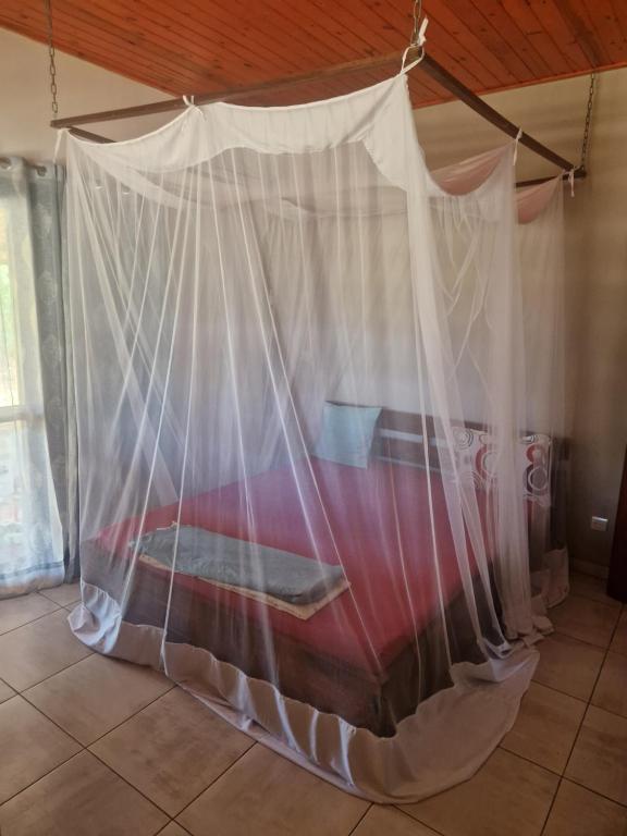 a bed with a net in a room at Villa Tahina in Ramena
