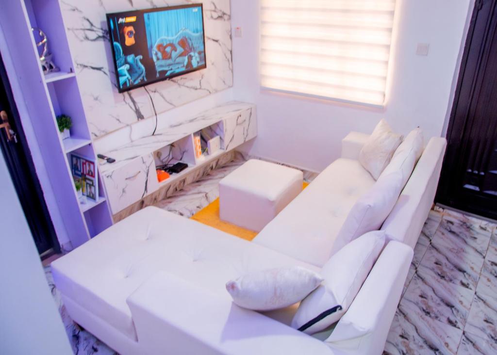 Μια τηλεόραση ή/και κέντρο ψυχαγωγίας στο Cozy Modern Apartment with Free WiFi Netflix 1bed luxury Apartment, Adeniyi Jones 24hours Power 3min From the Airport