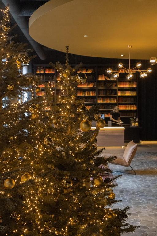 ストラスブールにあるHôtel LÉONOR the place to liveの図書館のクリスマスツリーと背景に人がいる