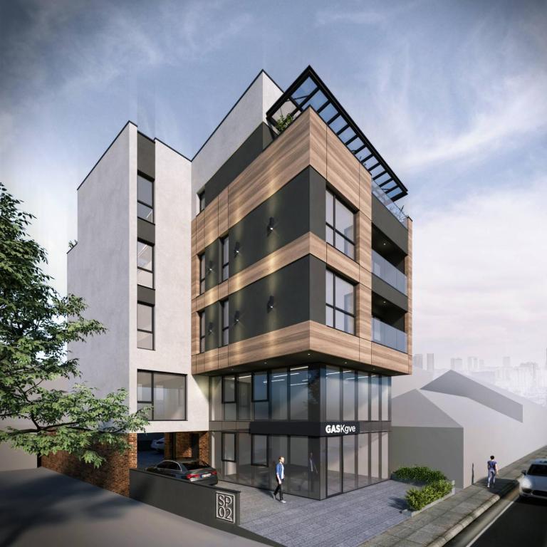 a rendering of a tall building with people standing outside at Cristal Palace Suites 004 in Kragujevac