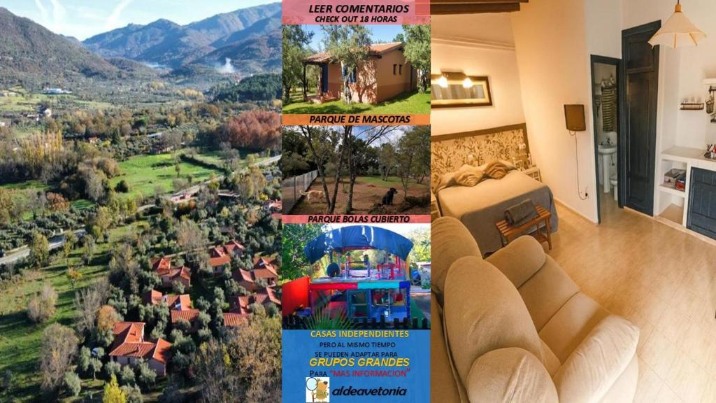 Un collage de fotos de una sala de estar con una casa en Checkout 18h-Aldea Vetonia Alojamientos con Encanto- Mascotas Aceptadas-Chiquipark 2 plantas cubierto-Info y dudas 618-95-92-51 - A 1 min de Hervás- Naturaleza y tranquilidad en estado puro, en Hervás