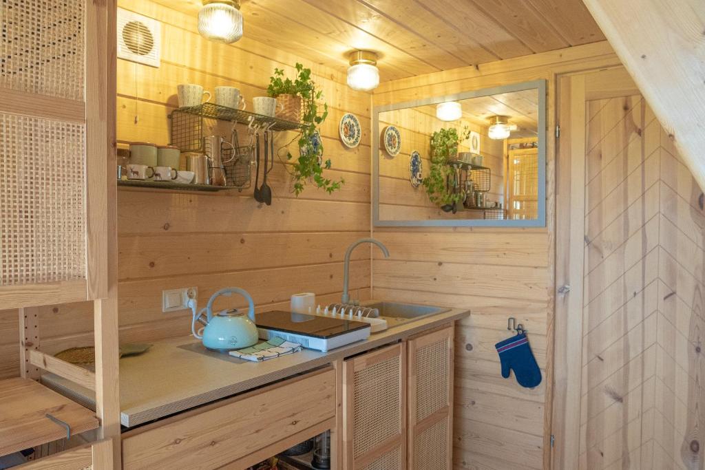 a kitchen with a sink in a wooden cabin at Alemiło mini - domek z balią i widokiem na Babią Górę in Zawoja