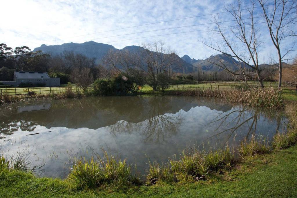 een vijver van water met bergen op de achtergrond bij Viettz Suite in Stellenbosch