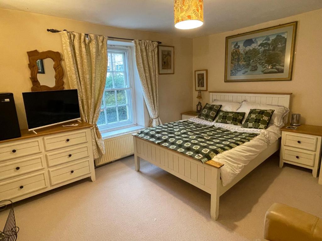 a bedroom with a bed and a tv and a window at Chateau Terrace Georgian House in Chepstow