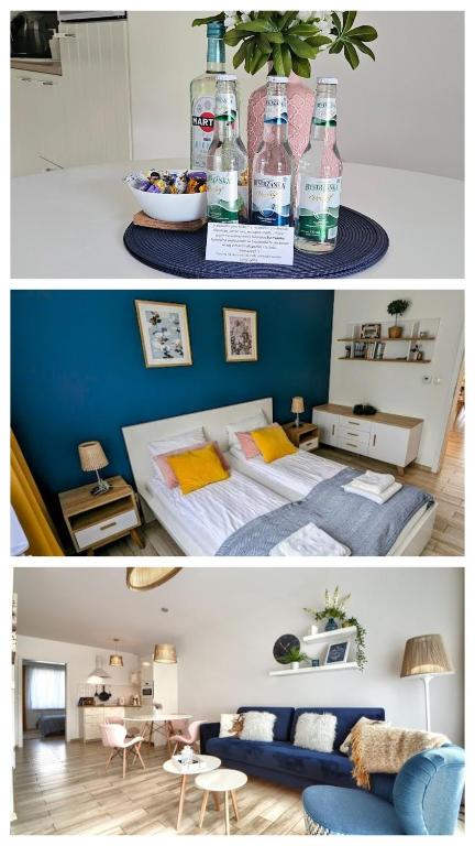 two pictures of a bedroom with bottles of alcohol at Mountain Szczyrk ApArt Bratków 10A in Szczyrk