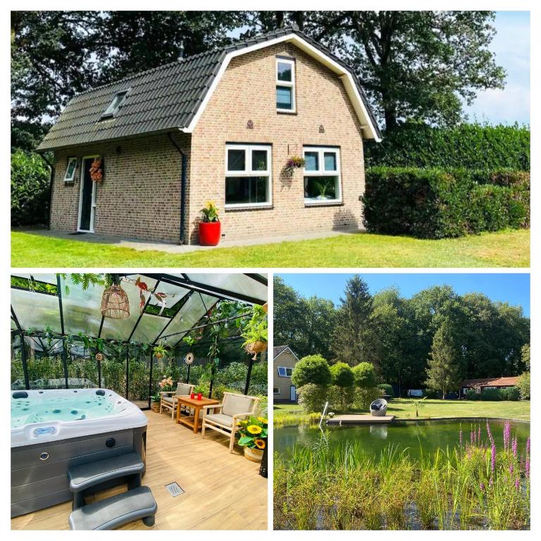 two pictures of a house and a pool at Morning Glory, Huisje Dahlia in Beekbergen