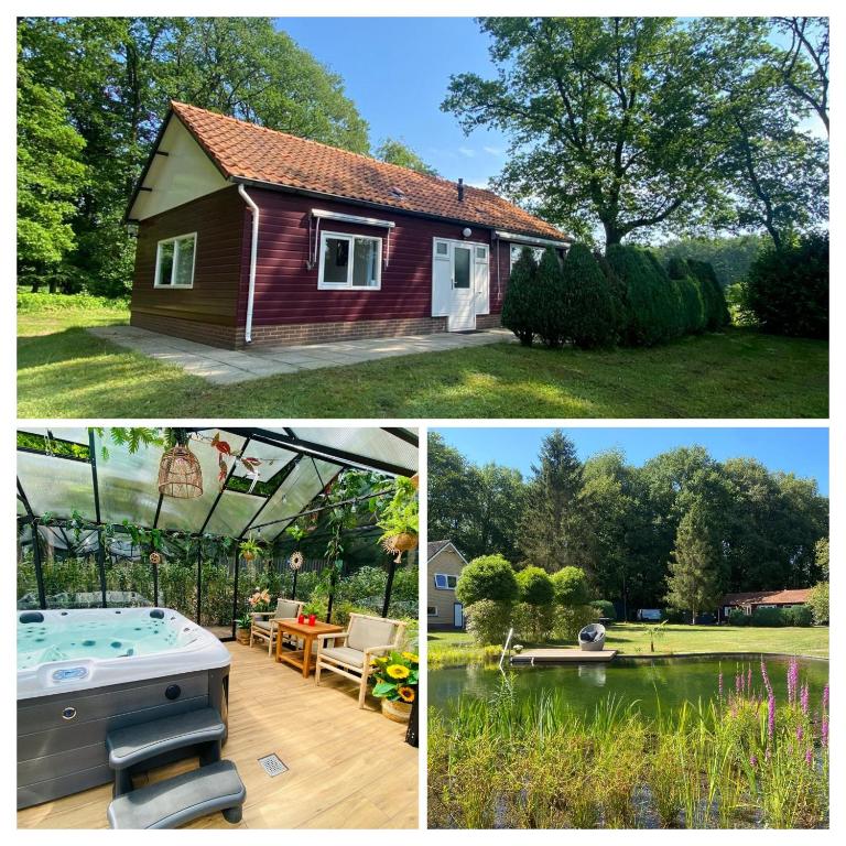 two pictures of a small house and a backyard at Morning Glory, Huisje vogelzang in Beekbergen