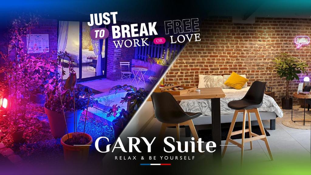 a poster for a cafe with a table and chairs at GARY Suite - Studio Cosy, Spa et jardin privatif à 4 min de Cambrai in Awoingt