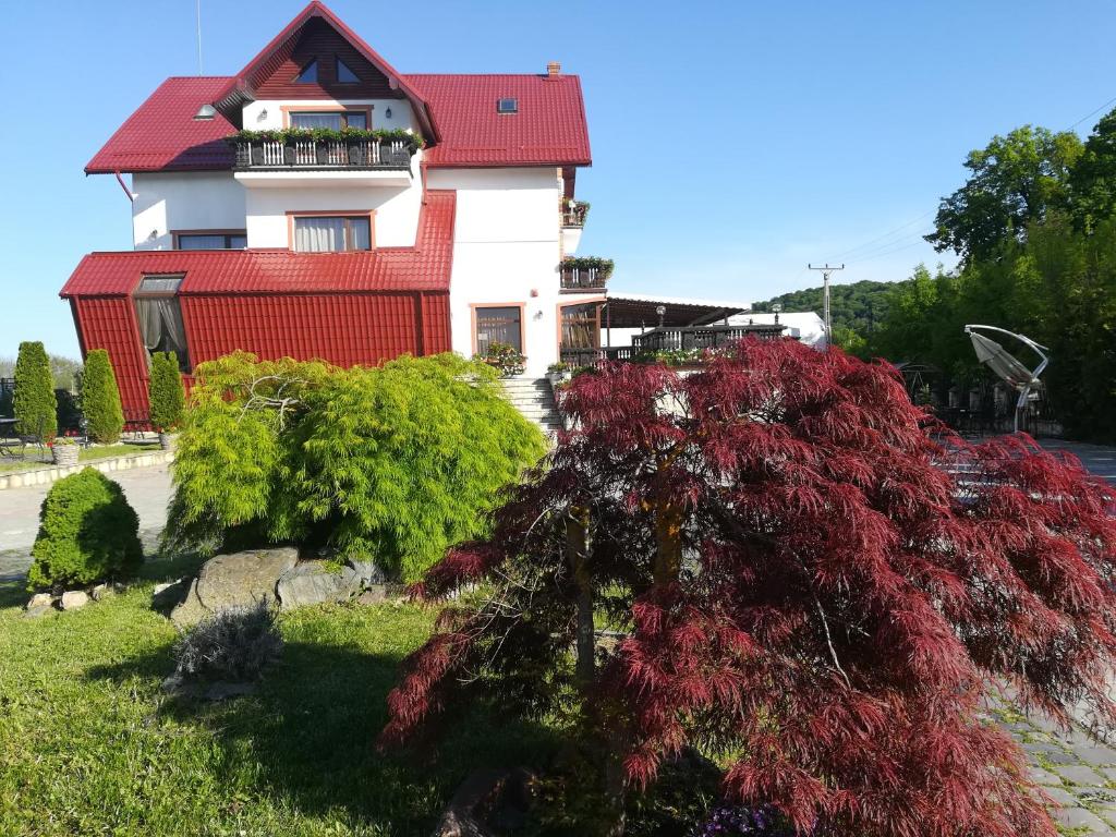 a house with a red roof and a tree at Pensiunea Carol Oglinzi in Oglinzi