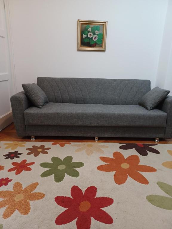 un canapé dans un salon avec un tapis dans l'établissement Homely Cozy Place, à Bucarest