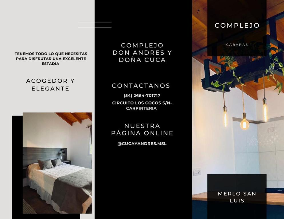 a flyer for a hotel with a bed and a poster at Don Andrés y doña cuca in Merlo