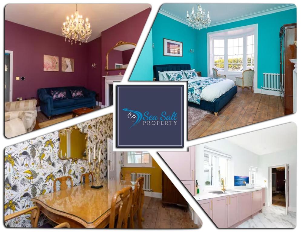 a collage of four pictures of a bedroom at Luxury Georgian home & garden by the sea, 6 guests in Bognor Regis