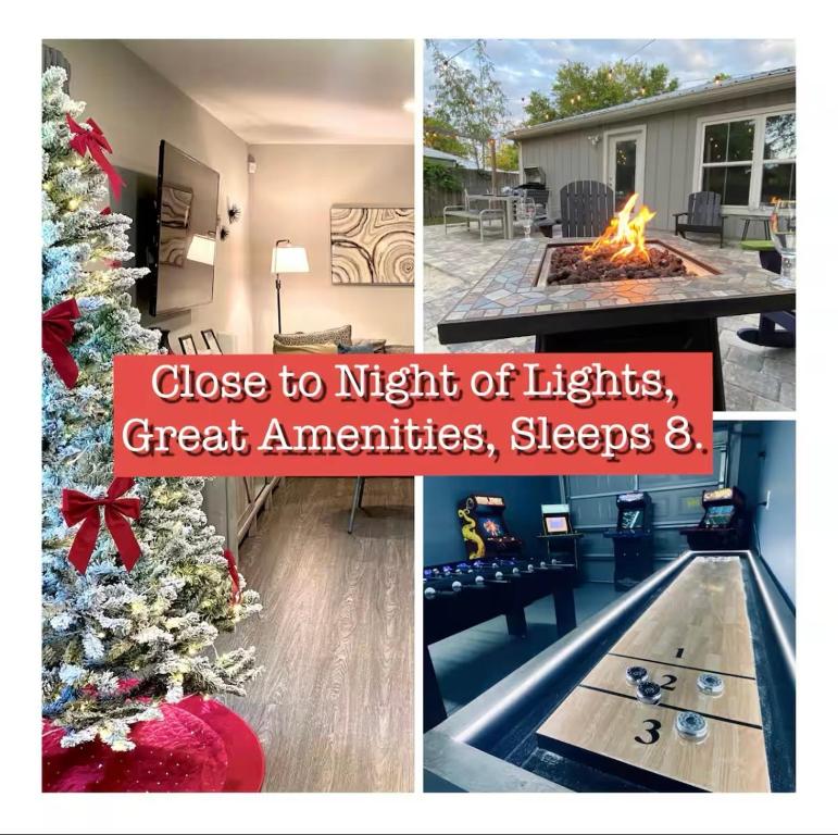 a collage of photos with a christmas tree and a fireplace at San Sebastiáns Hideaway - Modern with Group Friendly Amenities just minutes from Downtown and St Augustine Beach in Saint Augustine
