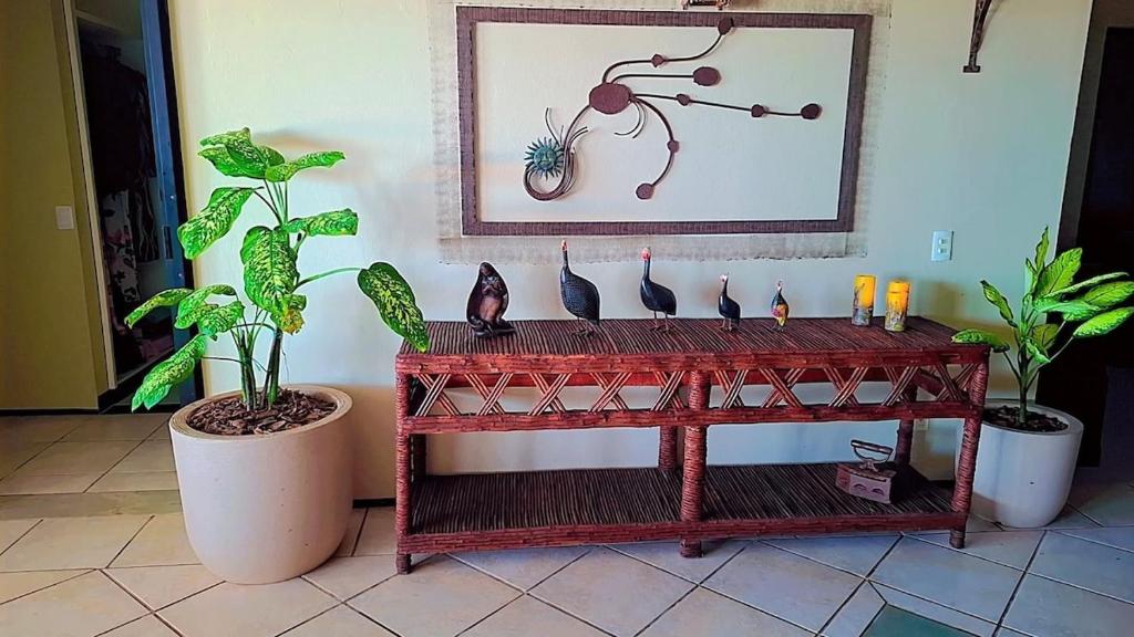 a red shelf with birds and plants on it at Recanto do Amor in Cascavel