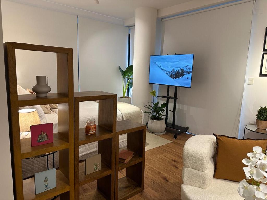 a living room with a couch and a television at More deluxe sol in Asuncion