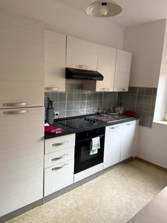 a kitchen with white cabinets and a black stove top oven at Aux Portes de Brisach in Sélestat