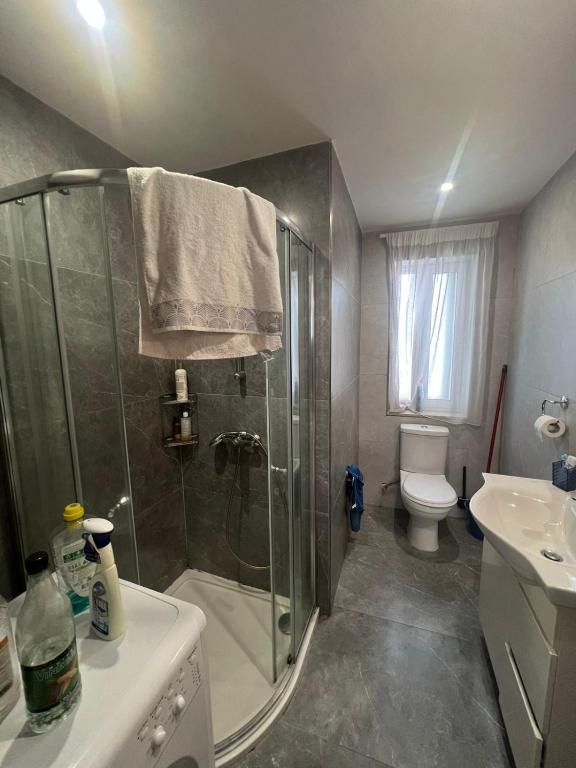 a bathroom with a shower and a toilet and a sink at Jasmine court penthouse in Tal-Ħriereb