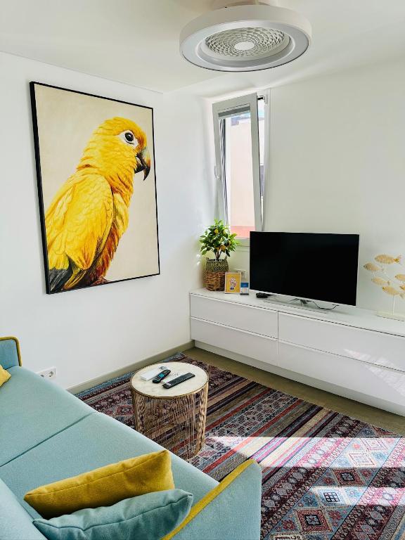 a living room with a yellow parrot on the wall at AMBER APARTMENTS - SUNNY STUDIO in Morro del Jable