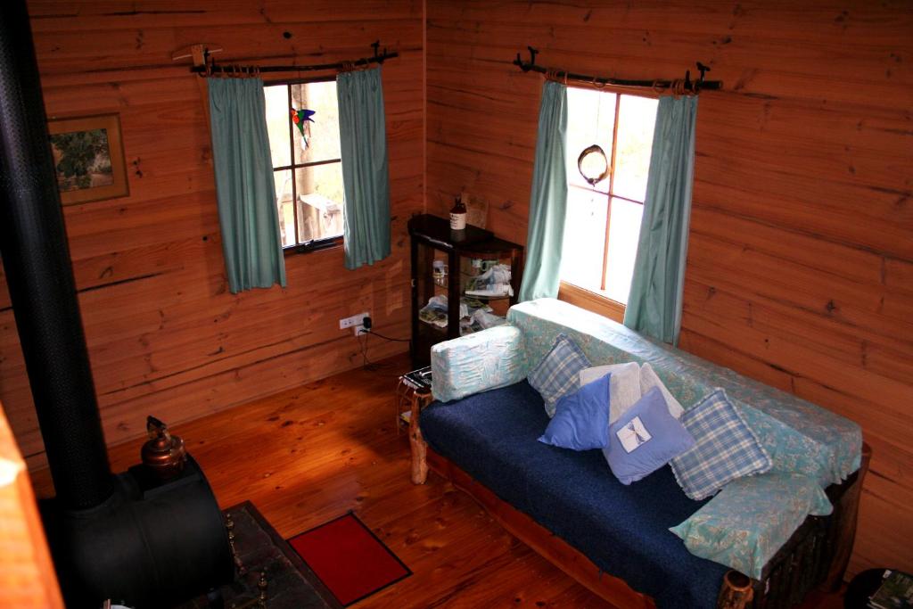 a living room with a blue couch in a cabin at Wombat Cabin in Moina