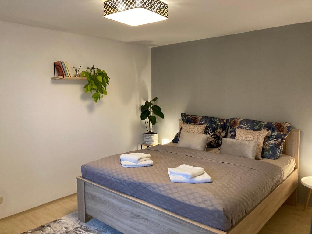 a bedroom with a bed with two towels on it at Apartmán Lipno 1 in Lipno nad Vltavou