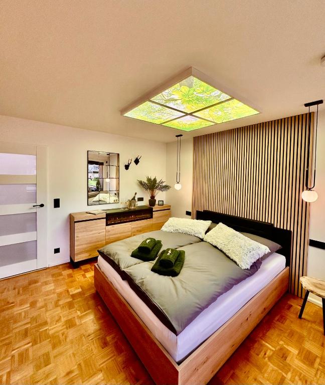 a bedroom with a large bed with a skylight at Ferienwohnung Harzurlaub II in Hahnenklee-Bockswiese